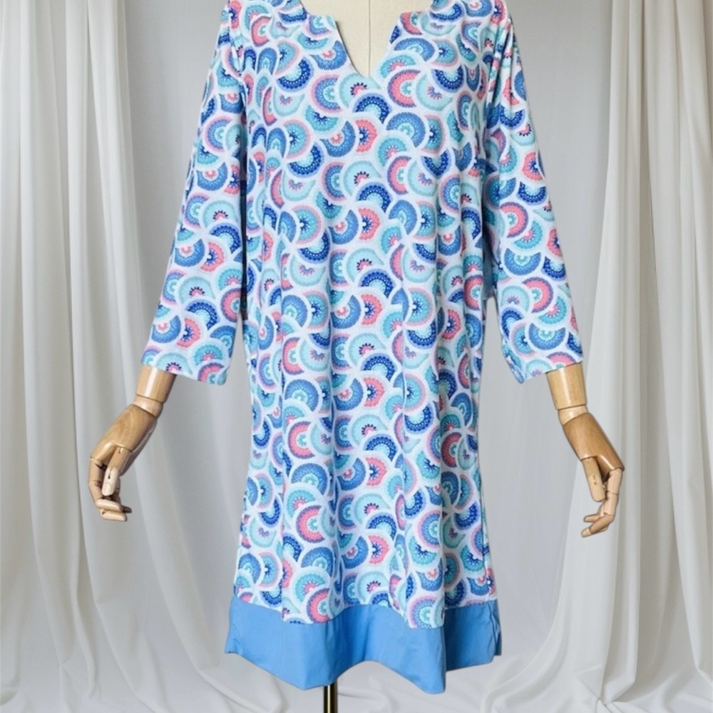 Aqua Sol Women's Blue Pink Geo Print V-Neck Tunic Dress Sz M Or Mod Swim Coverup